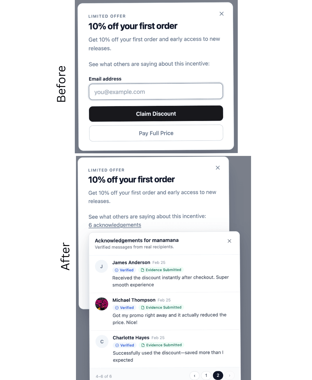 Show acknowledgement messages in a popup highlighting incentives across your website.
