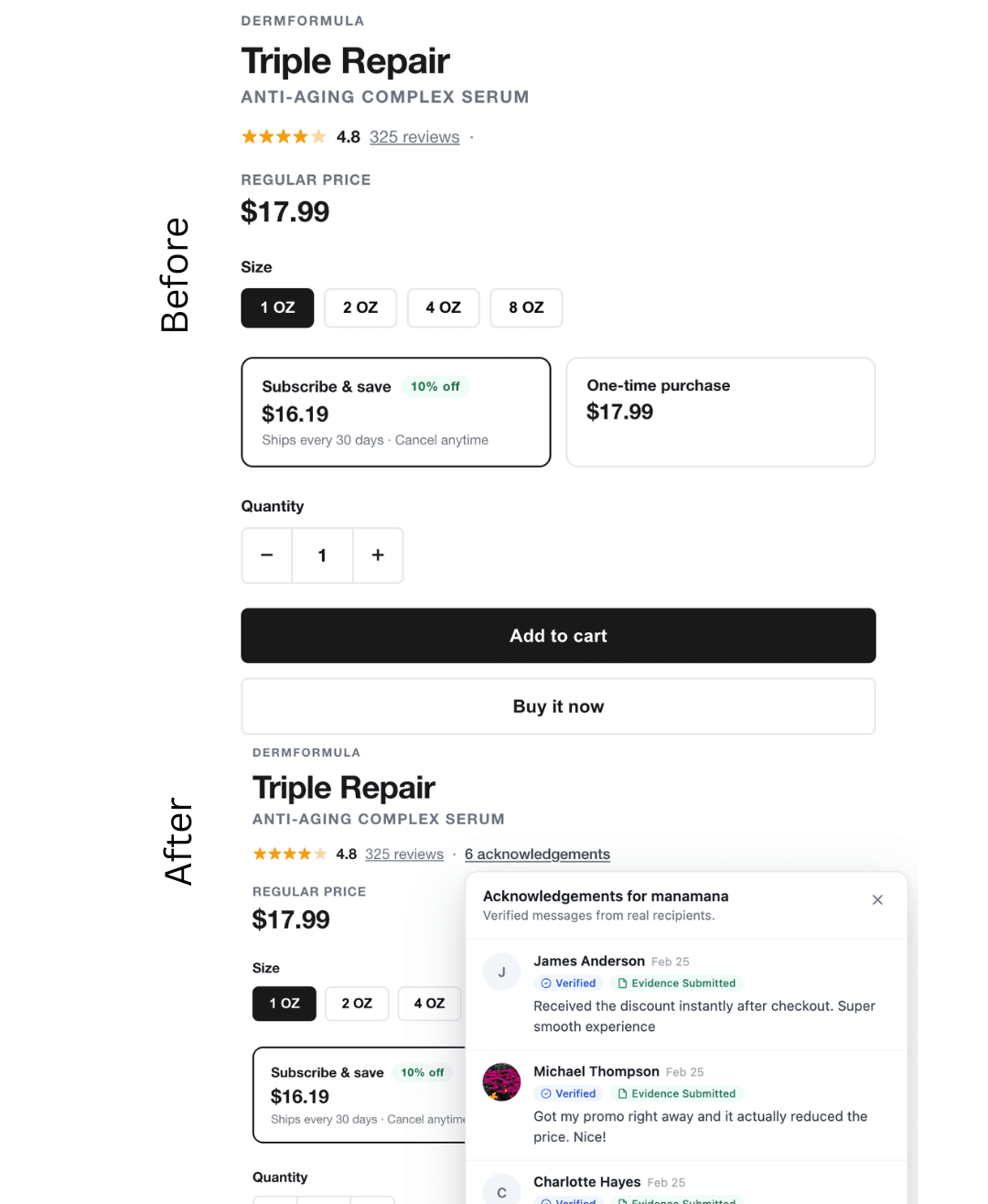 Display customer acknowledgement messages directly on your product or service page.