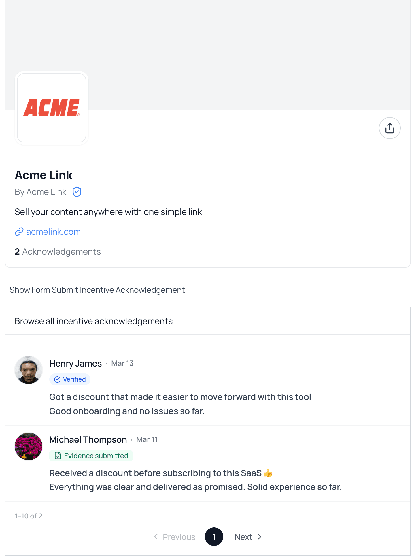 View all customer acknowledgement messages for a product or service on the Incentise profile page.