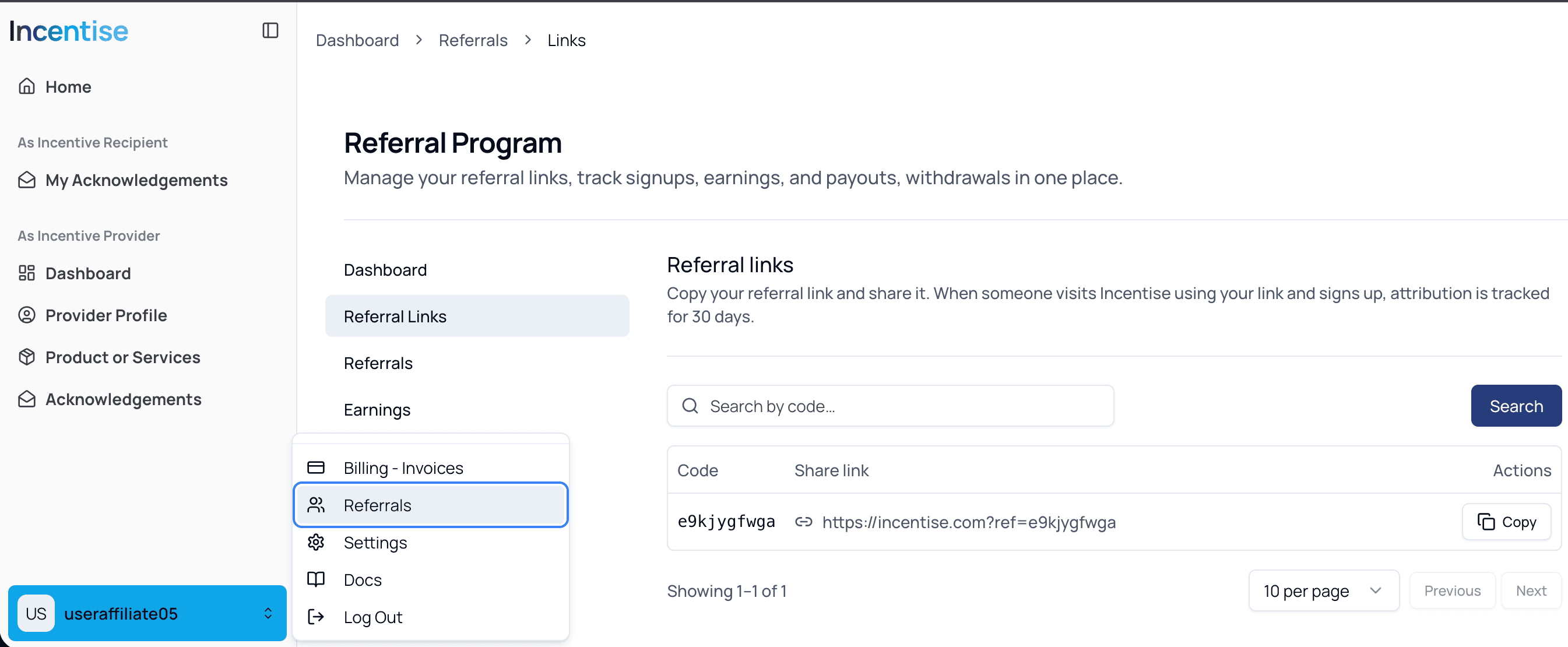 Incentise account Referrals tab showing your referral link and referral activity