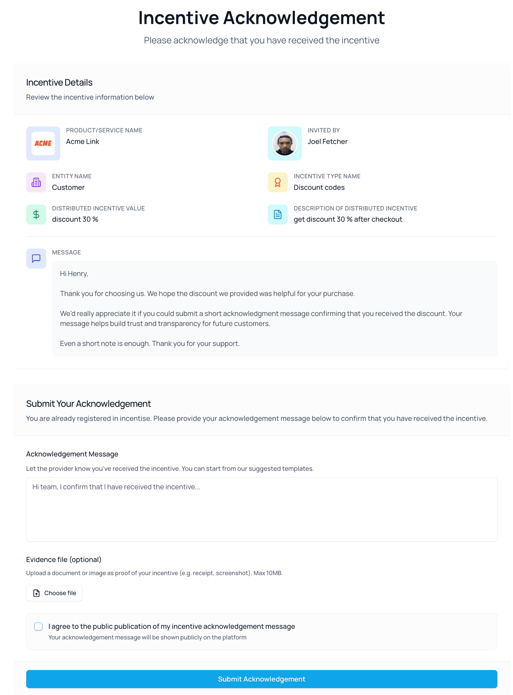 Add Incentive Acknowledgement Request form screen